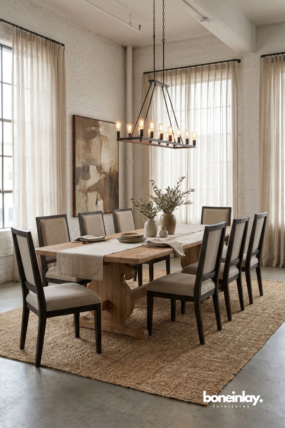 Reclaimed wood trestle dining table with a rustic natural finish.
Solid pedestal trestle base crafted from weathered light wood.
Long rectangular tabletop shows natural grain and knot details.
Styled in an industrial loft dining room with tall curtained windows.