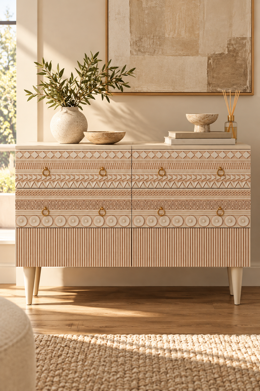 Hand-carved six-drawer boho dresser in a rustic finish, featuring geometric and floral carvings, metal ring handles and tapered legs, styled with a leafy vase, decorative bowls and books in a sunlit room.