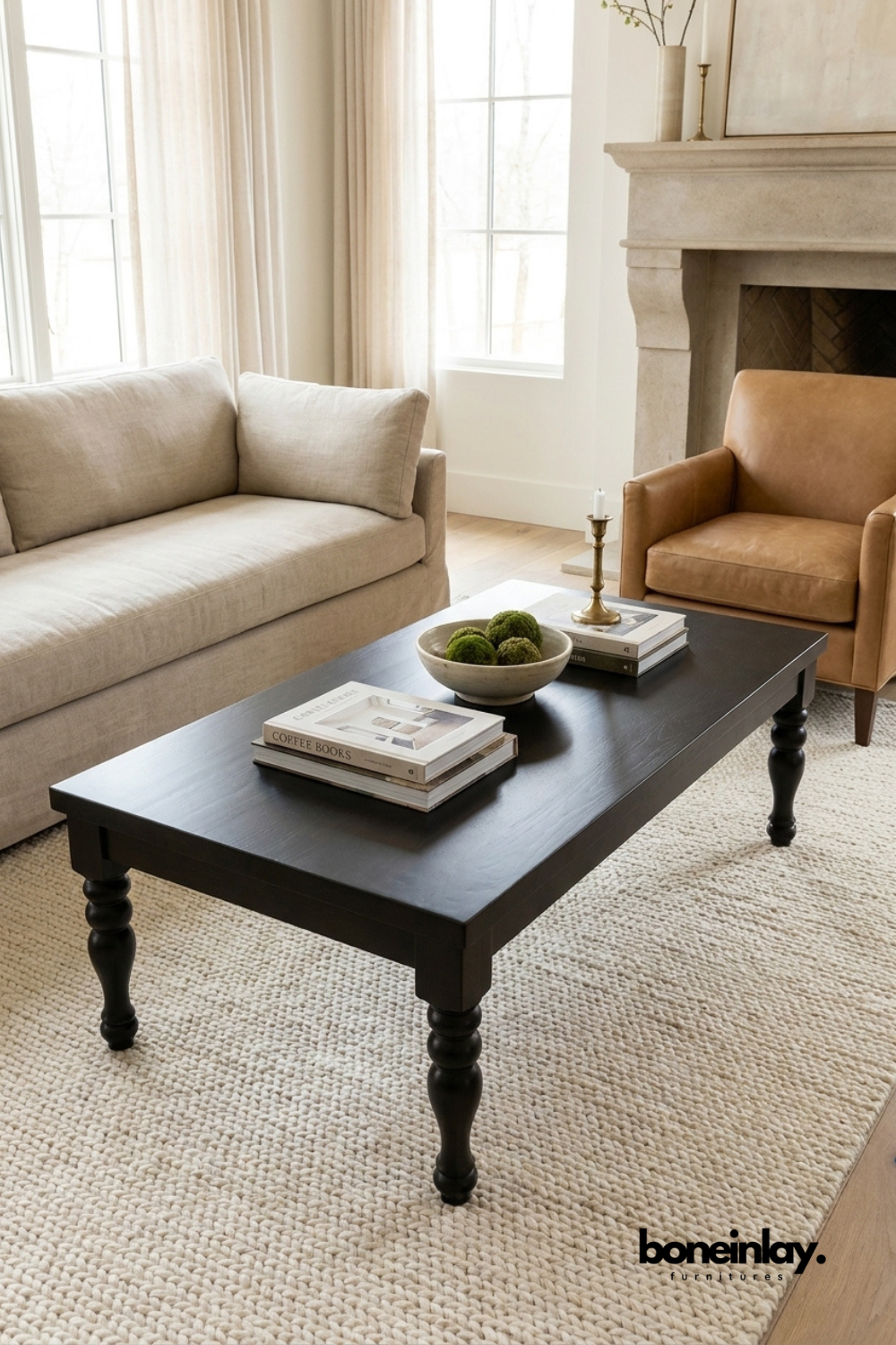 Dark wood coffee table with classic turned legs, simple minimalist wooden furniture for a cozy and traditional UK living room.