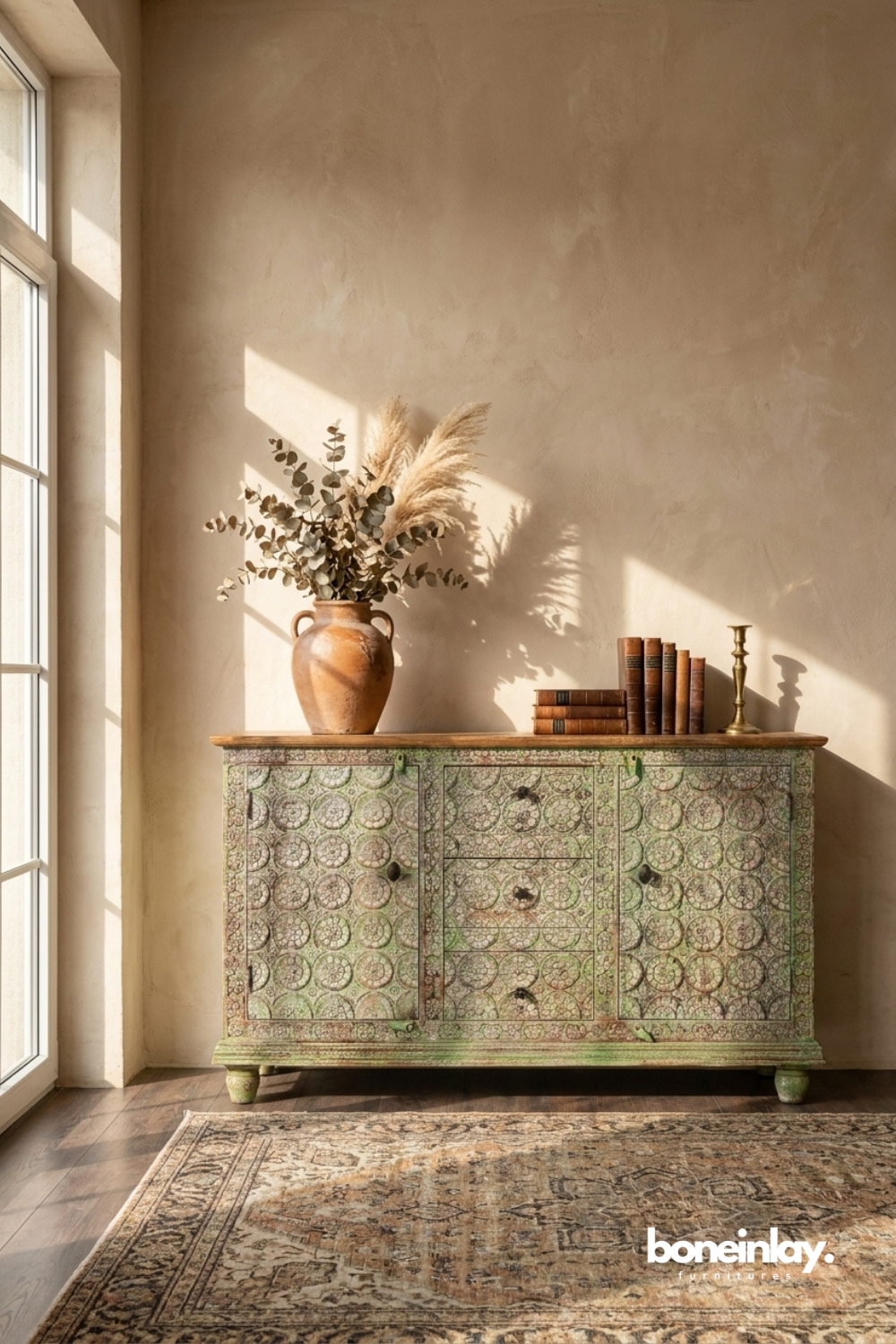 Green Hand Carved Sideboard Cabinet with Floral Mosaic Pattern