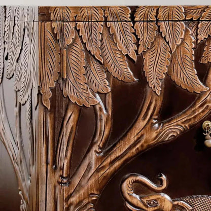 Hand-Carved Elephant Cabinet in solid wood, with an elephant and calf depicted among leaves across three doors.