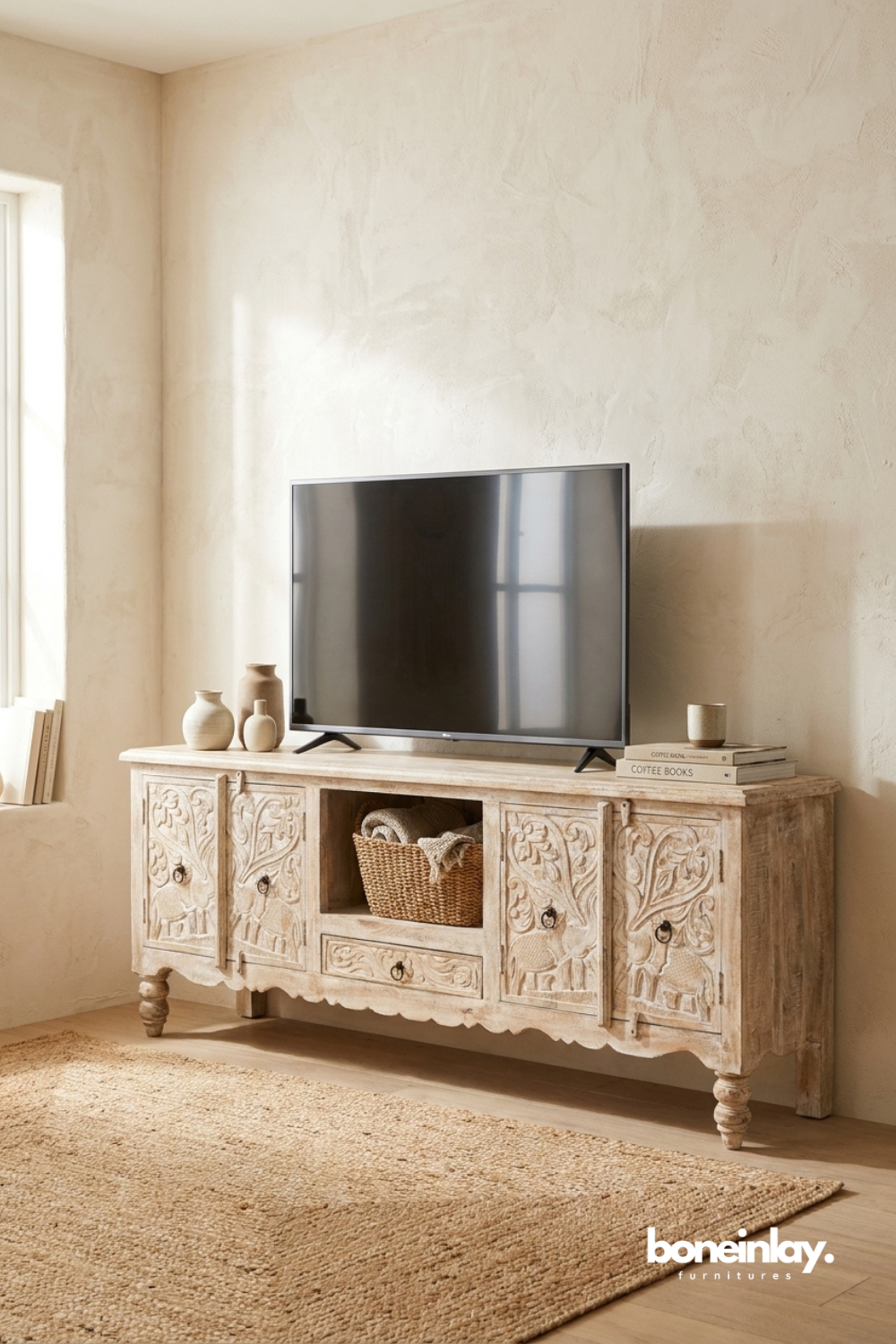 Hand Carved Whitewashed TV Unit with Elephant Motif Doors and Open Storage