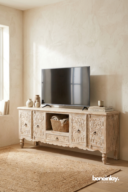 Hand Carved Whitewashed TV Unit with Elephant Motif Doors and Open Storage