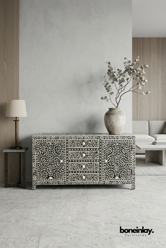 Black and White Floral Bone Inlay Sideboard Buffet Cabinet with Multiple Storage Drawers