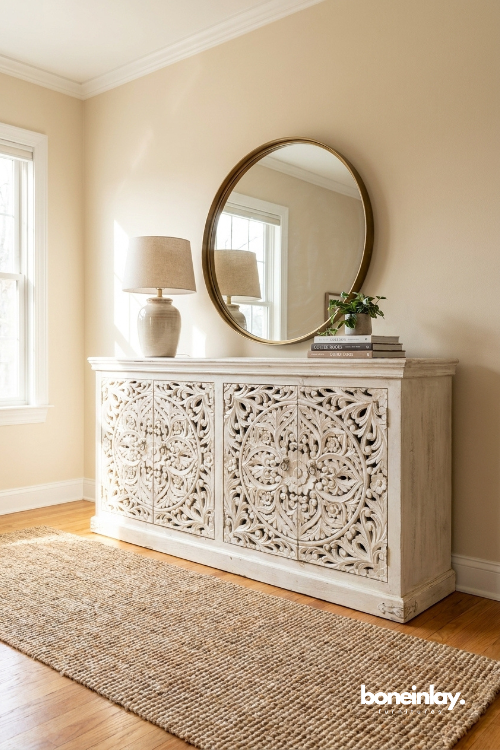 Handcrafted floral carved buffet finished in distressed white for a bright and sophisticated look.
