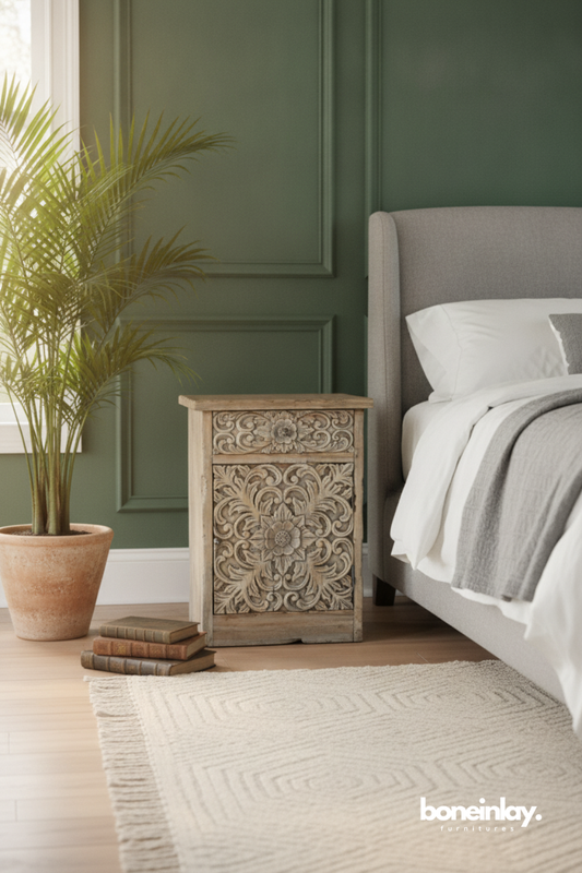 Hand Carved Floral Wooden Bedside Cabinet in Distressed Natural Finish