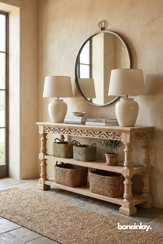 Rustic Farmhouse Console Table with Carved Apron and Open Shelf Storage