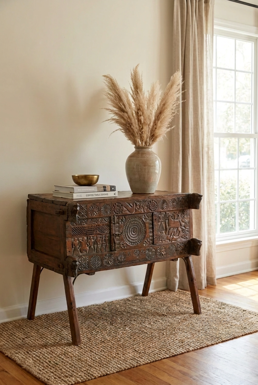 Hand-carved Indian hope chest in natural solid wood, styled in living room beside a window with dried stems.