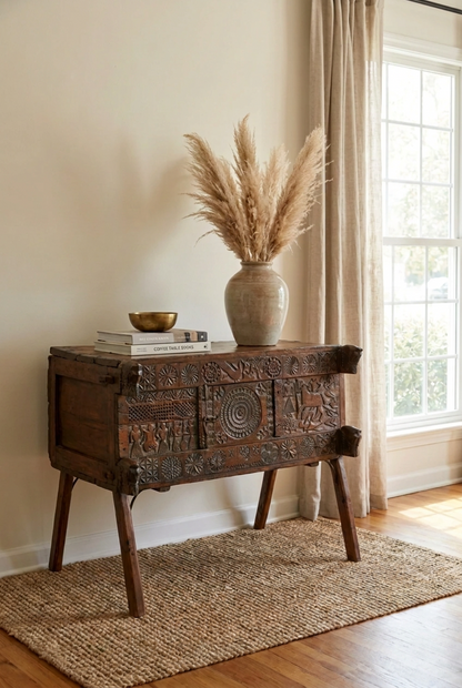 Hand-carved Indian hope chest in natural solid wood, styled in living room beside a window with dried stems.