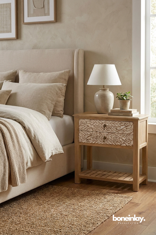 Natural Wood Two Drawer Side Table with Hand Carved Leaf Pattern and Shelf