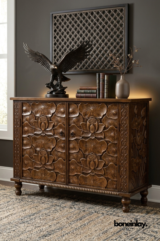 Hand carved lotus floral solid wood sideboard cabinet with intricate carved doors and rich walnut finish for dining room or living room storage.