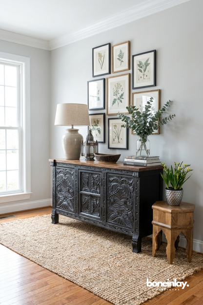 Hand-carved black wooden sideboard showcasing intricate botanical detailing, rich texture, and timeless artisan craftsmanship.