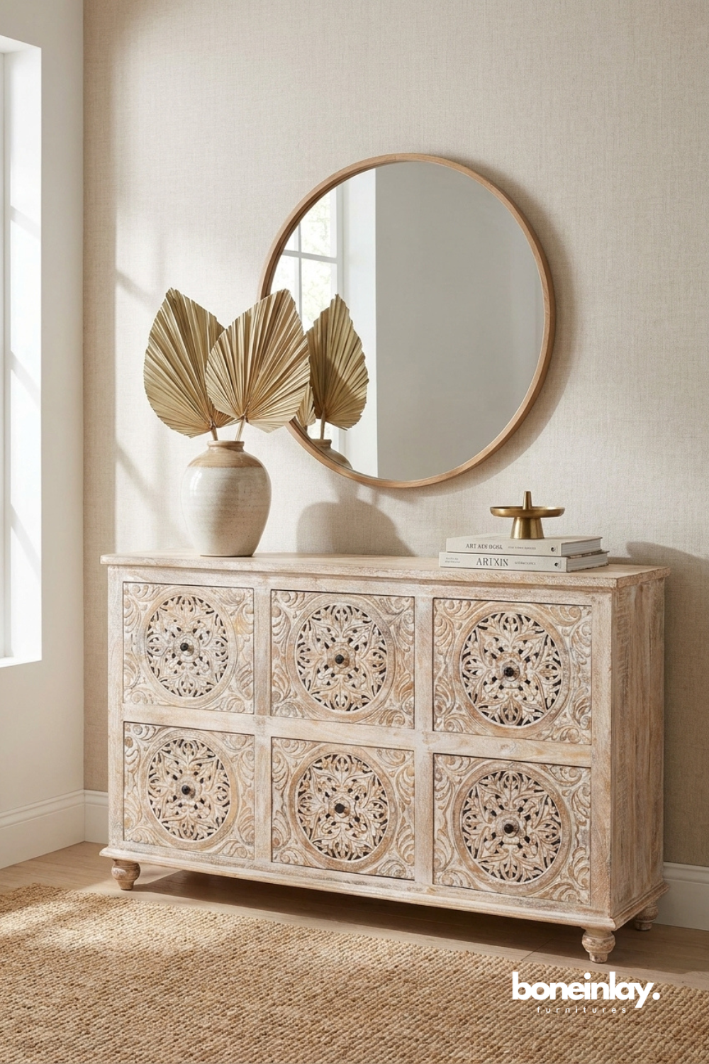 Hand Carved Whitewashed Chest Of 6 Drawer Dresser with Floral Rosette Panel Design