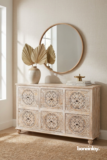 Hand Carved Whitewashed Chest Of 6 Drawer Dresser with Floral Rosette Panel Design