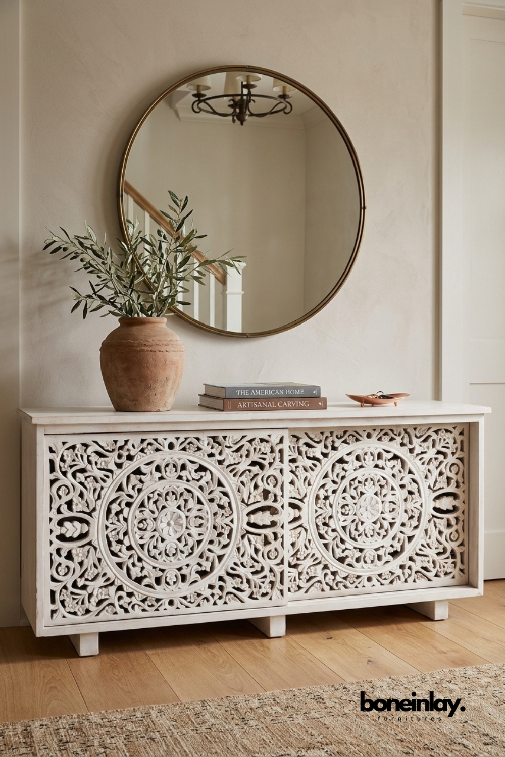 Hand carved white wooden media console with intricate floral carved doors, handcrafted TV cabinet offering stylish storage for modern, coastal, or farmhouse interiors.