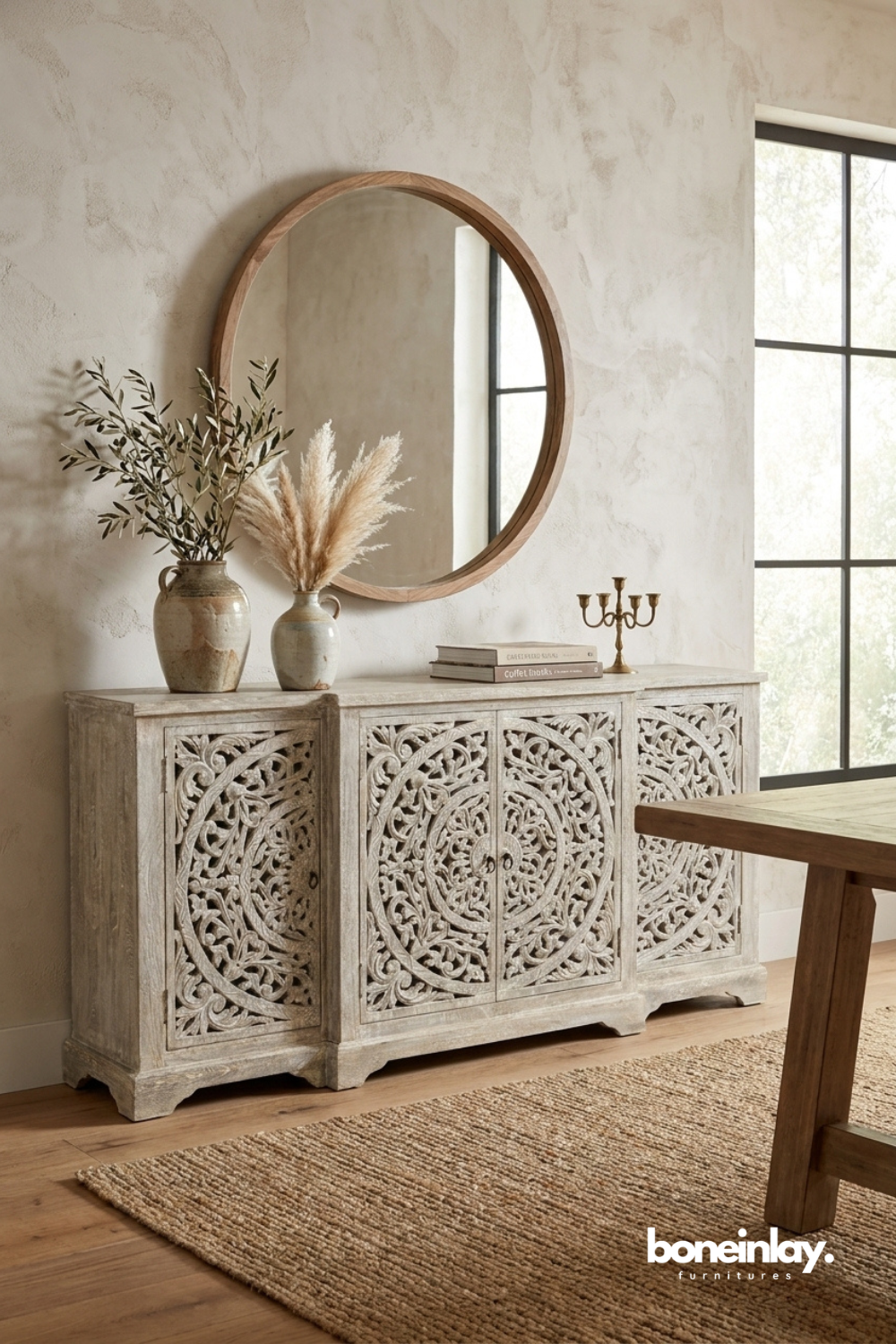 Hand Carved Whitewashed Sideboard Cabinet with Ornate Circular Floral Design