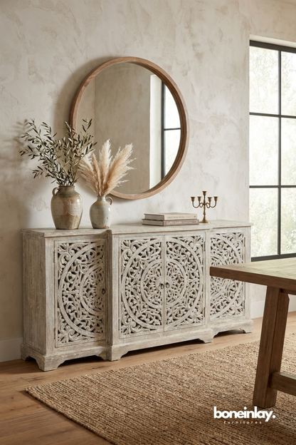 Hand Carved Whitewashed Sideboard Cabinet with Ornate Circular Floral Design