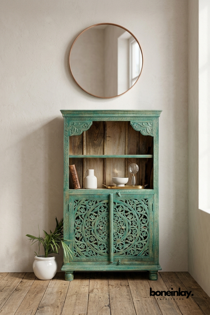 Hand carved turquoise solid wood storage cabinet with open shelves and decorative floral carved doors for living room or entryway.