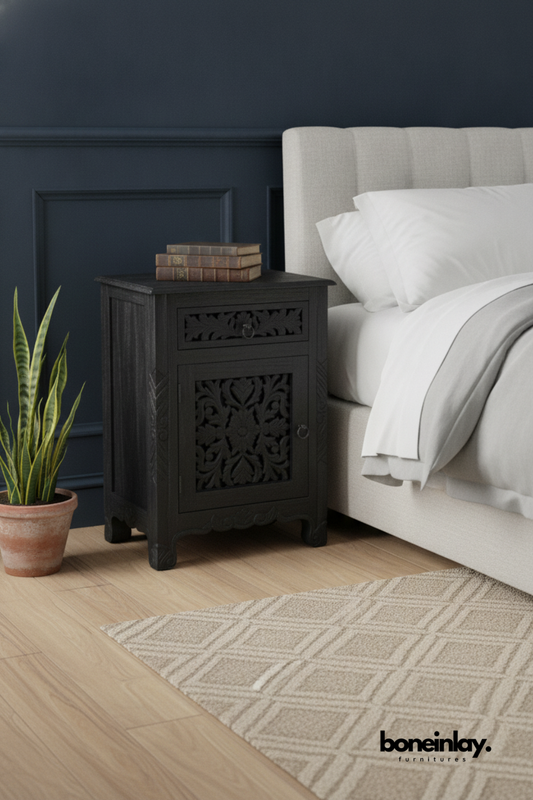 Hand Carved Black Wooden Bedside Cabinet with Floral Details