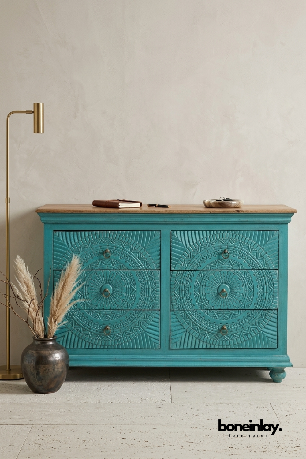 Turquoise blue carved solid wood six drawer sideboard featuring circular mandala carvings, natural wood top, handcrafted artisan design, and spacious living room storage furniture.
