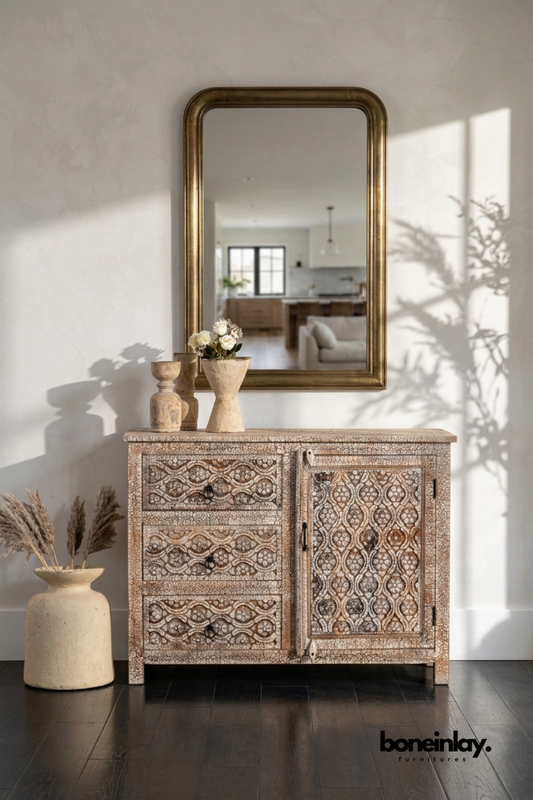 Bone Inlay Sideboard Cabinet with Floral Mosaic Pattern, Handcrafted Bone Inlay Storage Cabinet, Luxury Wooden Console Cabinet for Living Room and Entryway
