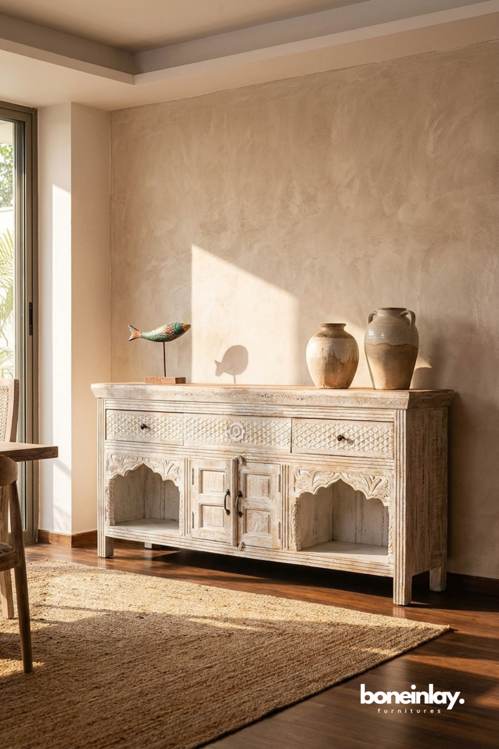Whitewashed Hand Carved Console Sideboard with Arched Open Shelf Design