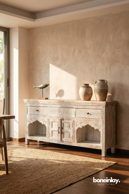 Whitewashed Hand Carved Console Sideboard with Arched Open Shelf Design