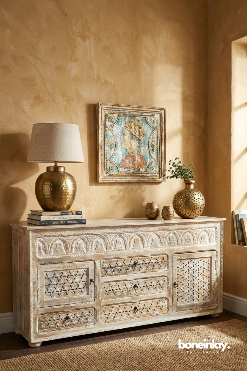 Hand carved rustic sideboard cabinet with geometric lattice drawers and door panels in distressed ivory finish