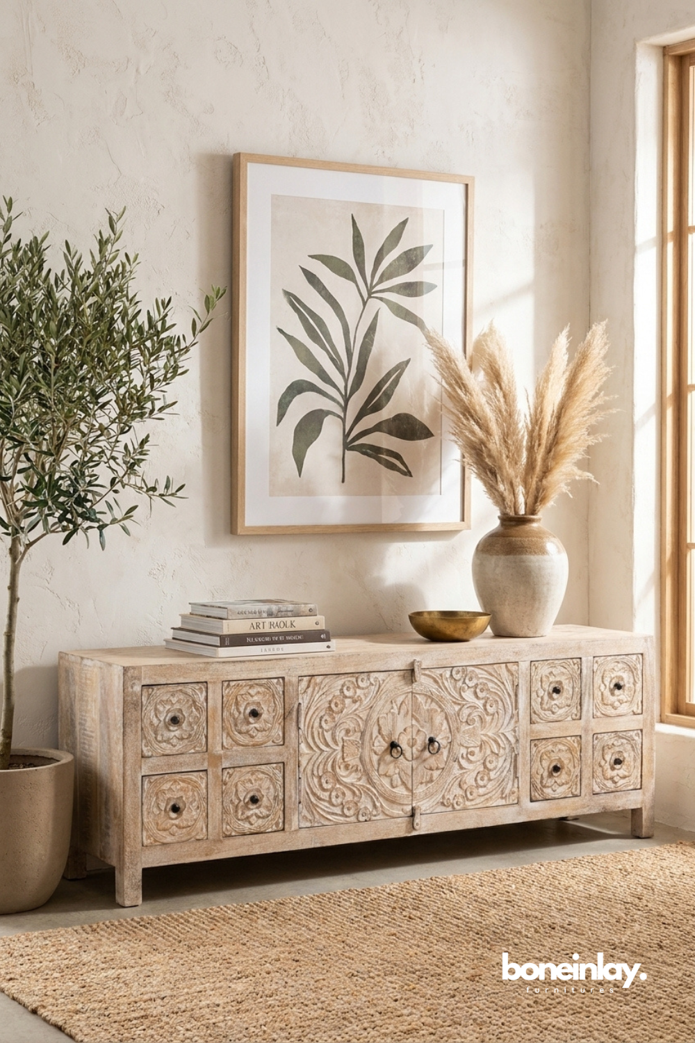 Hand Carved Rustic Sideboard Cabinet with Floral Medallion Doors and Drawers