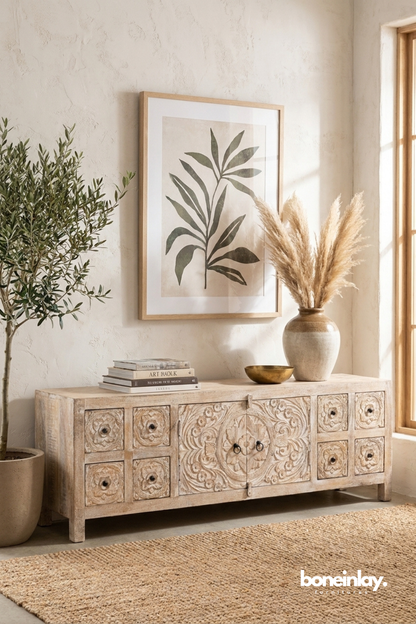 Hand Carved Rustic Sideboard Cabinet with Floral Medallion Doors and Drawers
