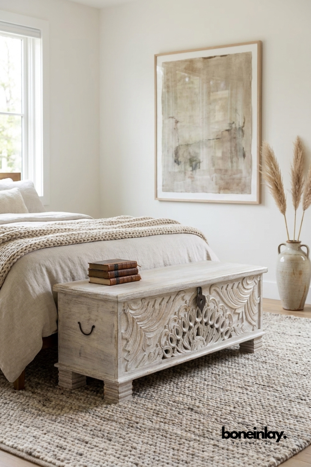 Whitewashed carved wood trunk bench with a scrolling floral front panel.
Ribbed block feet and a black metal latch add rustic detail.
Warm wood grain shows through the light distressed finish.
Placed at the foot of a bed with a knit throw and stacked books.