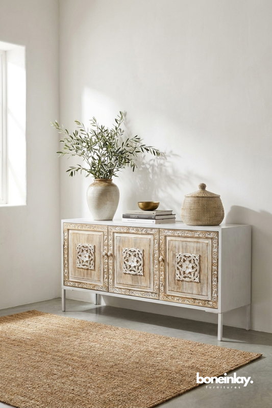 Whitewashed carved storage cabinet adorned with delicate floral medallions, subtle distressed detailing, and elegant transitional style.