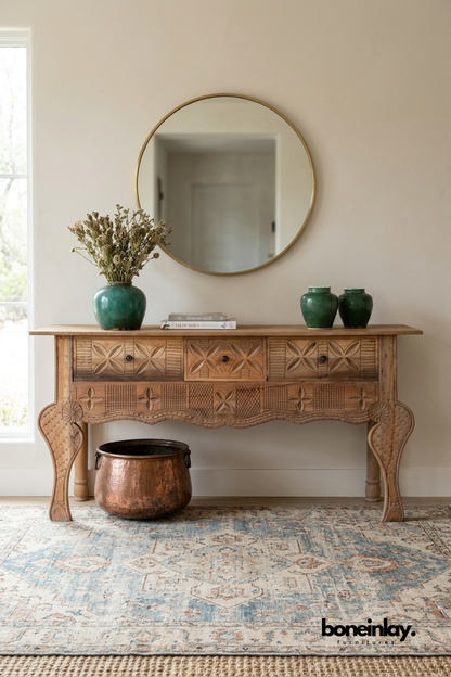 Hand carved wooden console table with floral drawer carvings, natural wood finish, handcrafted entryway table for hallway, foyer, or living room décor.