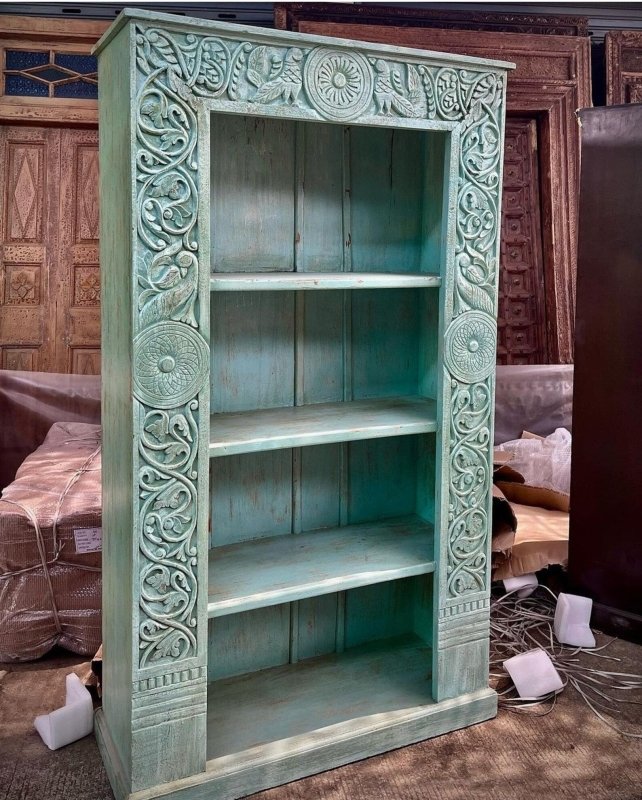 Hand-Carved Solid Wood Bookshelf in a rustic finish, front view at a slight angle showing four empty shelf spaces.