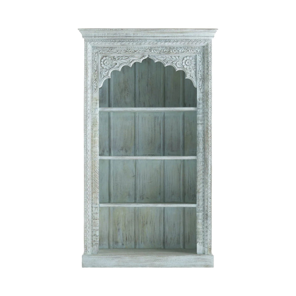 Hand-carved solid wood bookshelf with a rustic finish, front view showing four open tiers and a scalloped arch.
