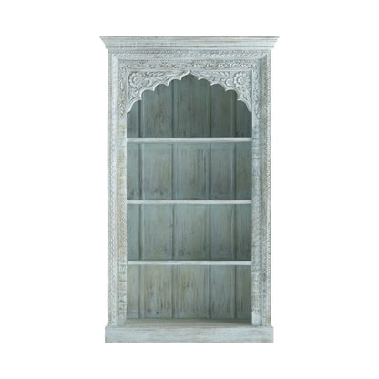 Hand-carved solid wood bookshelf with a rustic finish, front view showing four open tiers and a scalloped arch.