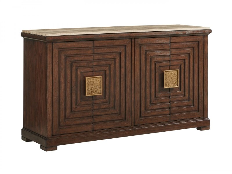 Hand-carved solid wood buffet in walnut, front view showing geometric door panels, square hardware and low feet.