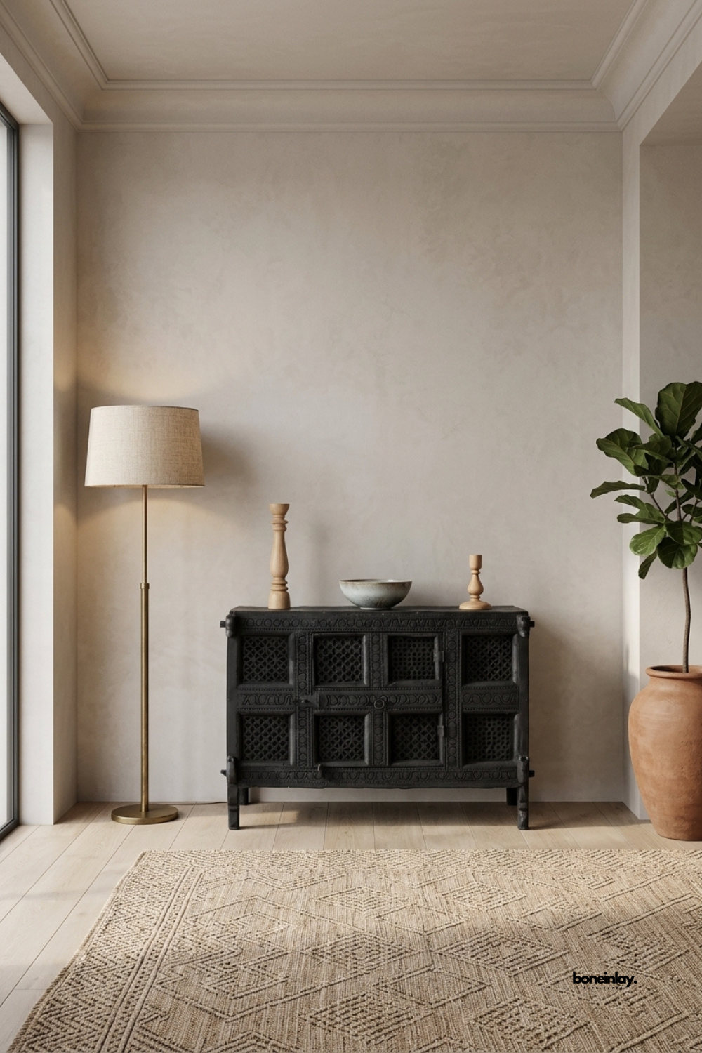 Artisan-crafted 2-door accent cabinet featuring traditional lattice fretwork door panels,
carved rosette border moldings, and antique metal latch hardware in a matte charcoal black finish.
Styled in a warm minimalist room beside a tall potted tree and brass floor lamp,
this compact credenza delivers dramatic rustic elegance and functional concealed storage.
