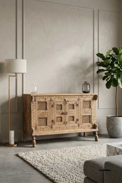 Hand-carved rustic sideboard featuring intricate openwork lattice
door panels, deeply carved floral borders, and vintage iron latch hardware.
Styled in an elegant neutral living space beside a modern brass floor lamp,
this artisan console cabinet brings architectural depth and timeless charm.