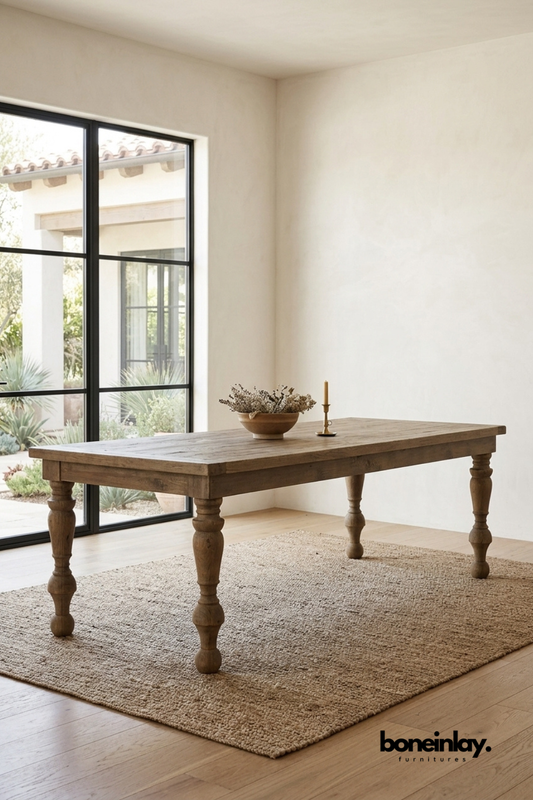 Rustic Solid Wood Farmhouse Dining Table with Turned Legs, Traditional Wooden Kitchen Table, Country Style Dining Furniture