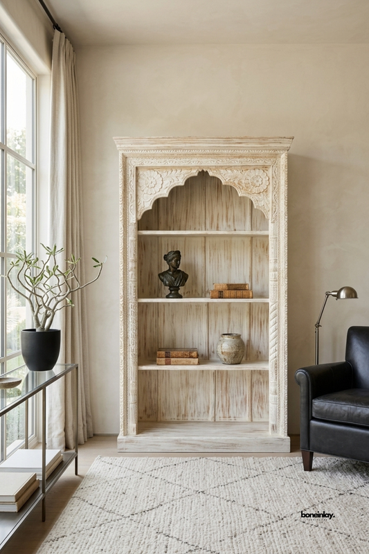 Handcrafted tall open bookshelf featuring a classic scalloped Jharokha arch crown,
fluted rope-carved pilasters, and four spacious display shelves in a distressed whitewash.
Styled in a cozy reading corner beside a black leather armchair and modern task lamp,
this artisan étagère adds regal character and practical storage to home libraries.