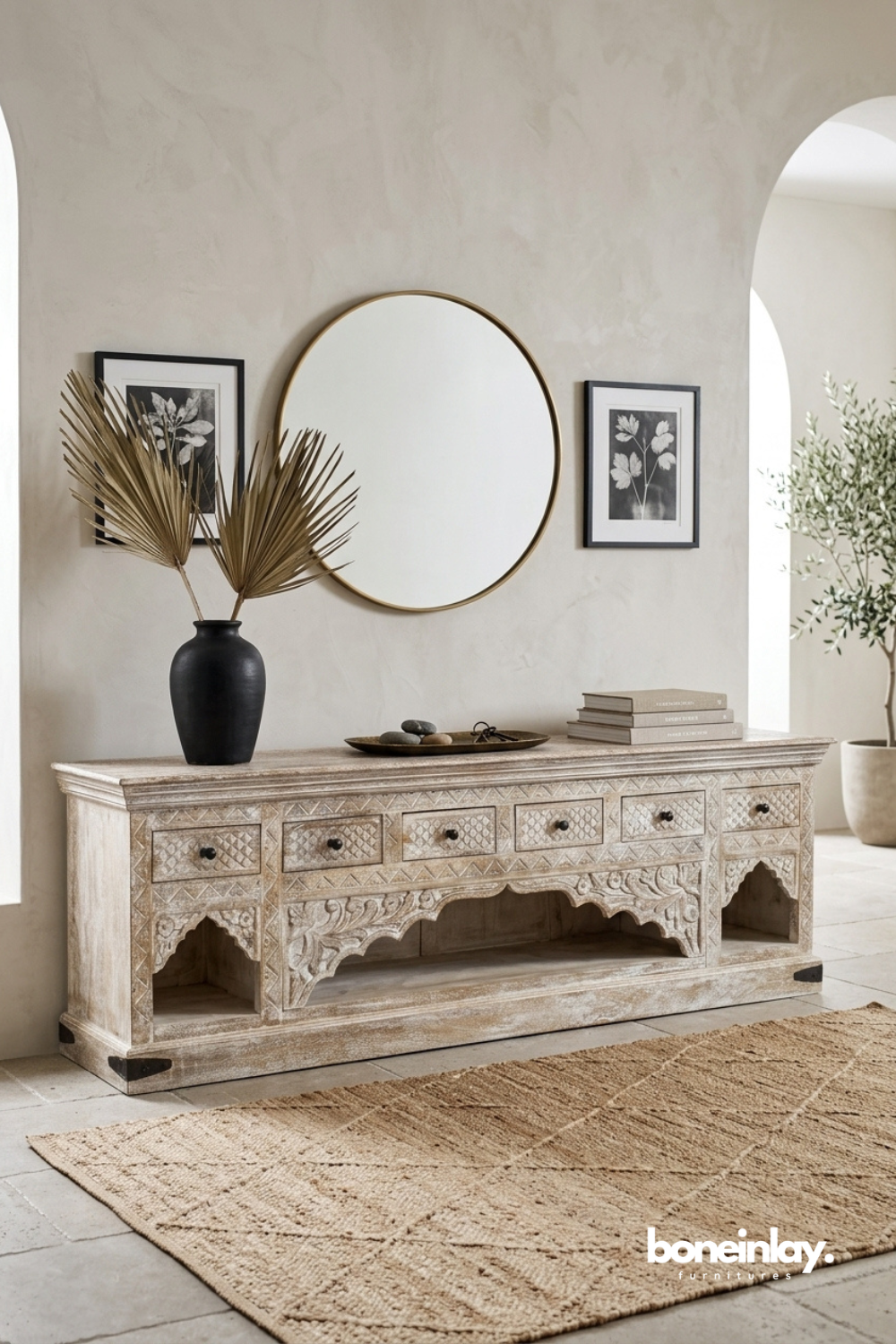 Distressed carved console cabinet showcasing intricate Moroccan-inspired detailing, antique whitewashed finish, and timeless rustic elegance.