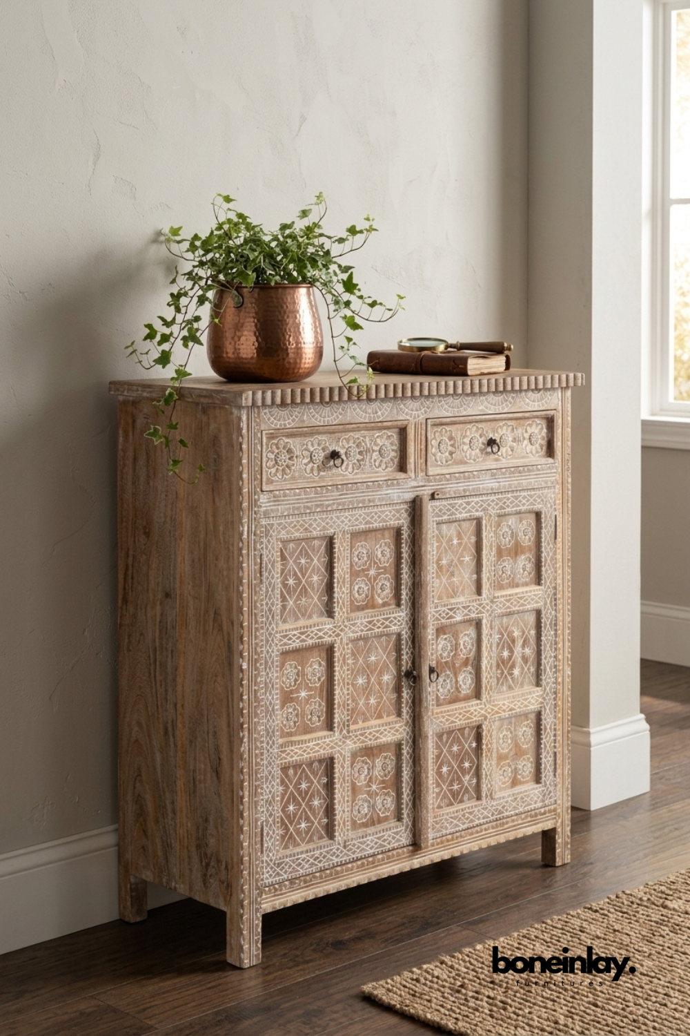Hand carved solid wood storage cabinet with intricate floral carved doors, rustic natural finish, handcrafted wooden accent cabinet for hallway, dining room, or living space.