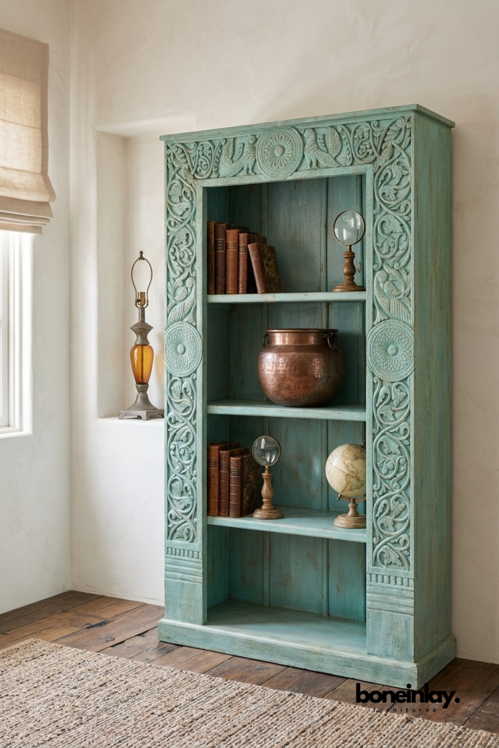 Hand carved turquoise solid wood bookshelf with ornate floral detailing, handcrafted open display cabinet, decorative wooden bookcase for eclectic, bohemian, or coastal interiors.