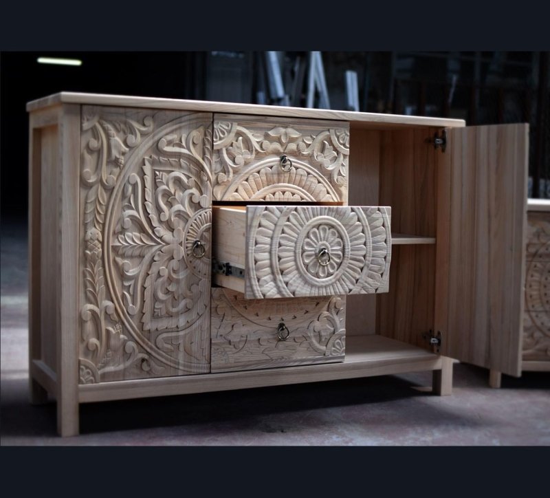 Hand-Carved Three-Drawer Credenza in rustic solid wood, open drawer view with the right door revealing an interior shelf.