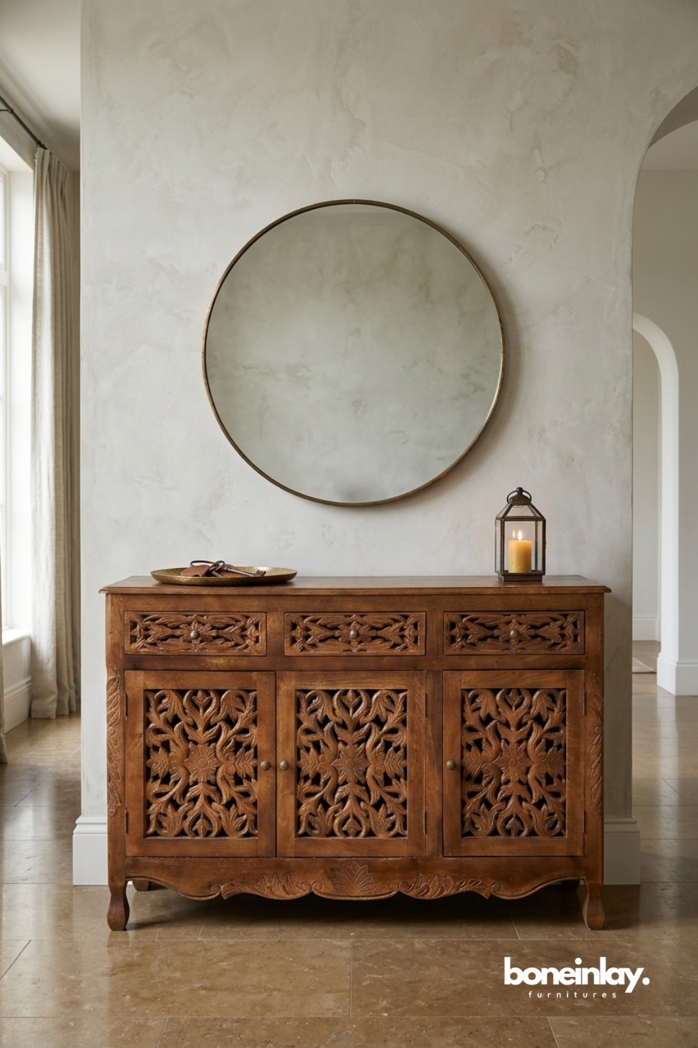 Handcrafted wooden accent cabinet showcasing intricate floral fretwork doors, rich walnut finish, and traditional artisan craftsmanship.