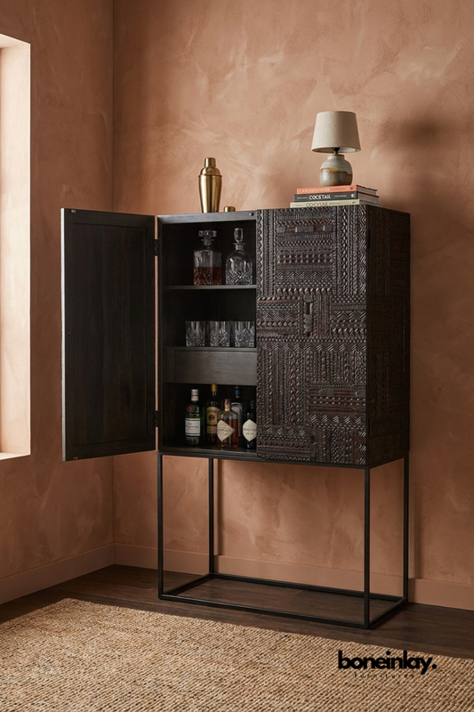 Hand Carved Dark Wood Bar Cabinet with Tribal Geometric Pattern Doors