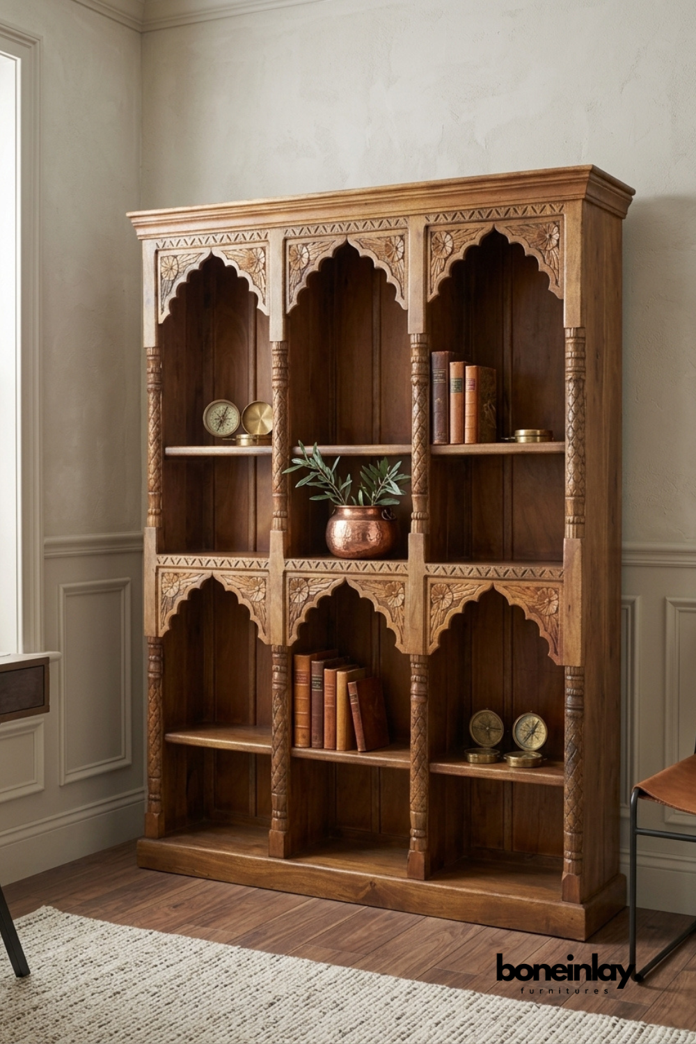 Large handcrafted solid wood open bookshelf featuring carved arch details and multiple display compartments, rustic wooden bookcase for living room, study, or office.