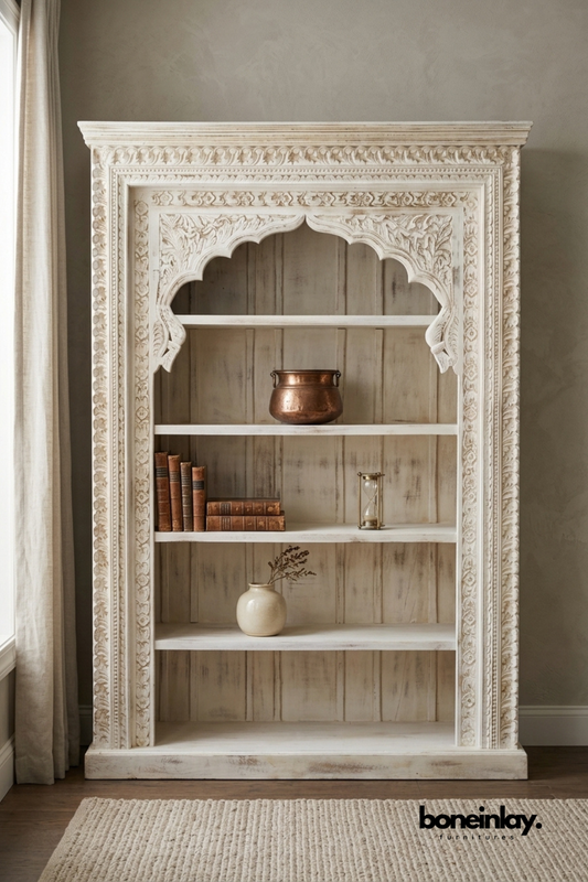 Whitewashed hand carved solid wood bookshelf with decorative arched frame and open shelves for displaying books and home décor.