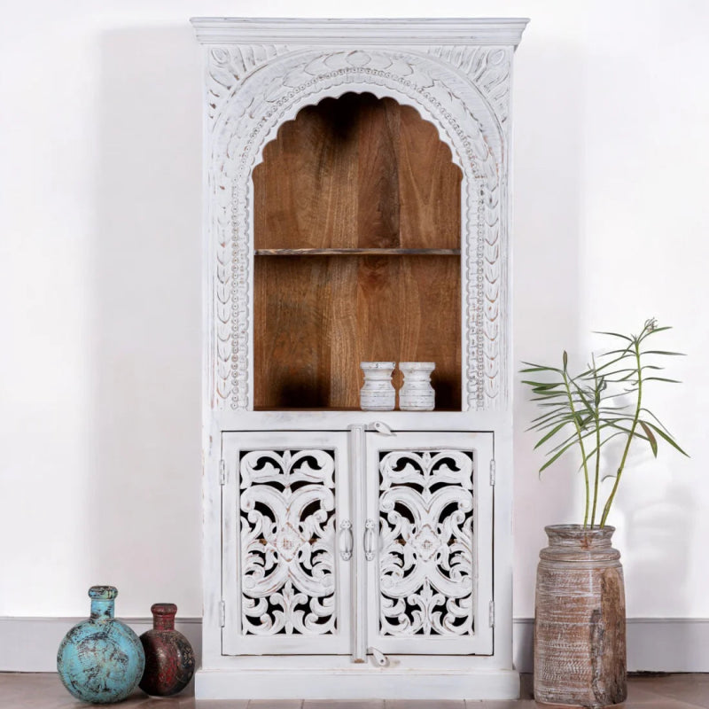 Hand-carved wood display cabinet with a rustic finish, front view showing floral doors and natural wood shelves.